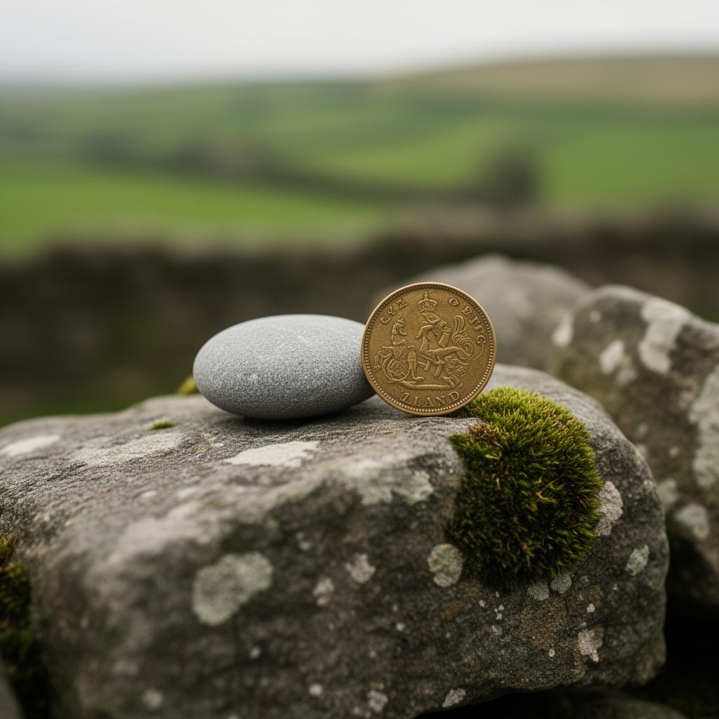 A grey pebble and a brass coin resting on a moss-covered Irish stone wall