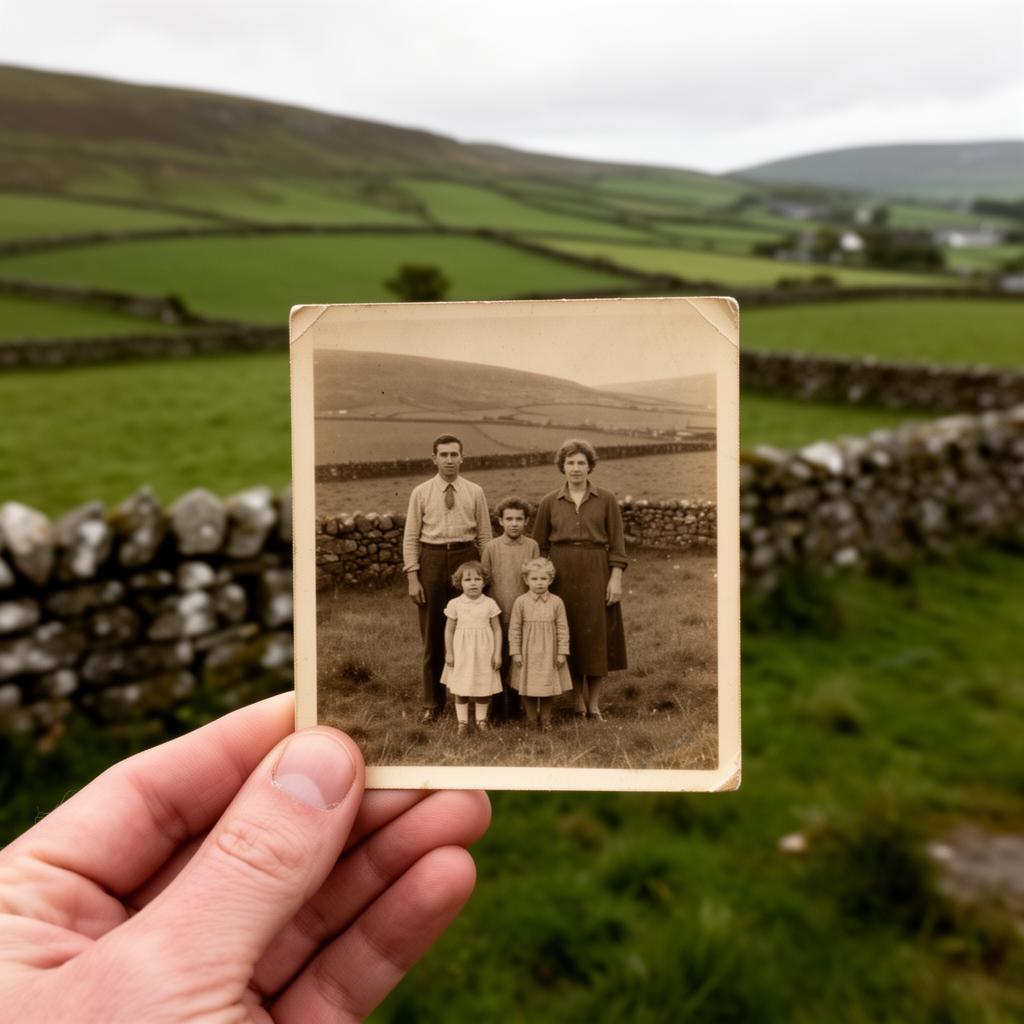 An old sepia family photograph held up against the green Irish countryside