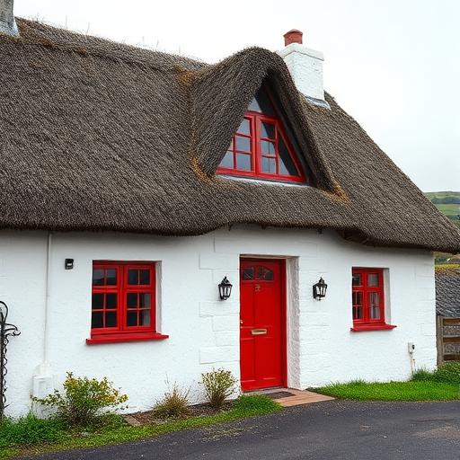 Traditional Irish thatched cottage with red door