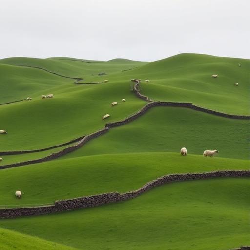 Rolling green Irish hills with sheep and stone walls