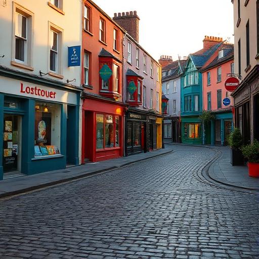 Cobblestone street in Galway with colourful shopfronts