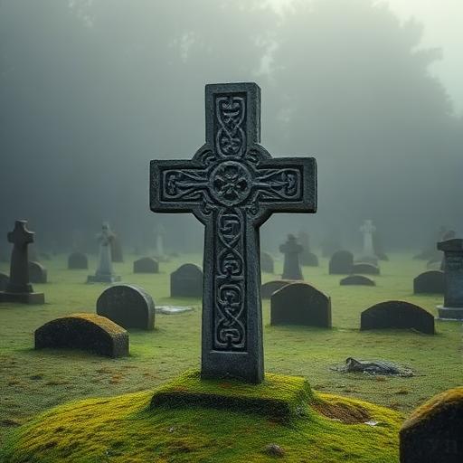 Ancient Celtic stone cross in a misty Irish graveyard