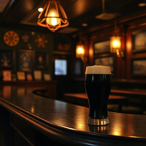 Cosy Irish pub interior with a pint of stout