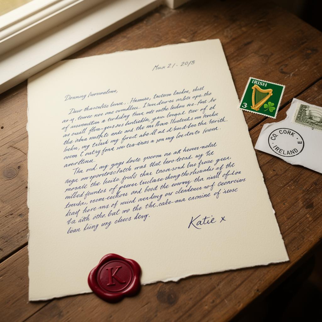 A handwritten letter from Katie in County Cork, Ireland, with an Irish stamp and red wax seal