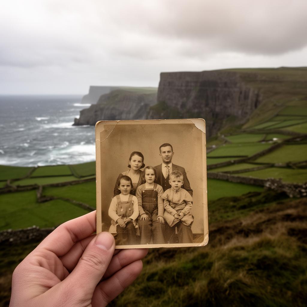 An old sepia family photograph held up against the wild Irish coastal cliffs