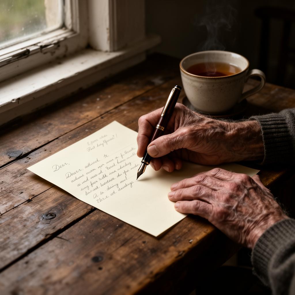 A handwritten letter being written at an old Irish kitchen table, beside a cup of tea